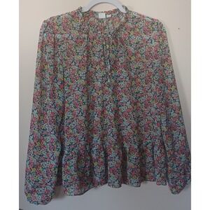 GAP Women Floral Peplum Blouse Pink Yellow Blue Ruffle Tie Neck Long Sleeve L